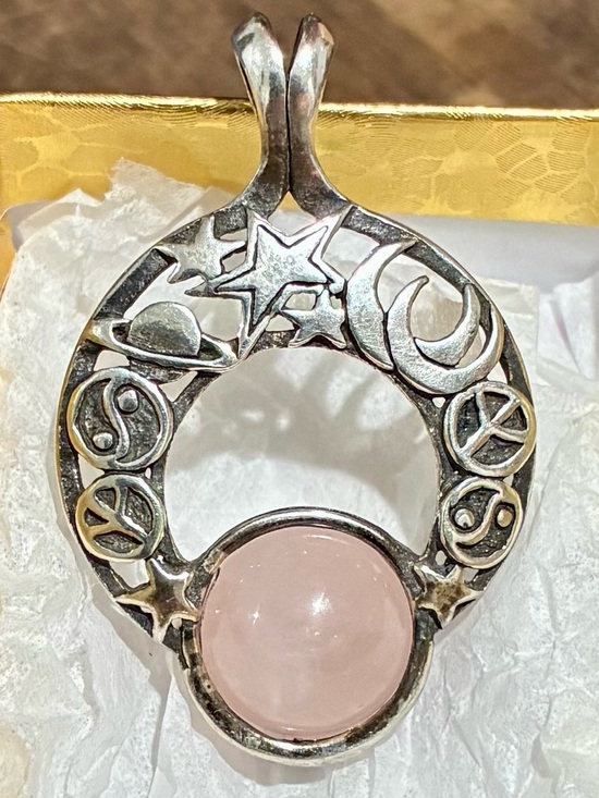 OC Wholesale Artisan Jewelry Jewelry - Vintage Silver Celestial Pendant Necklace with Rose Quartz